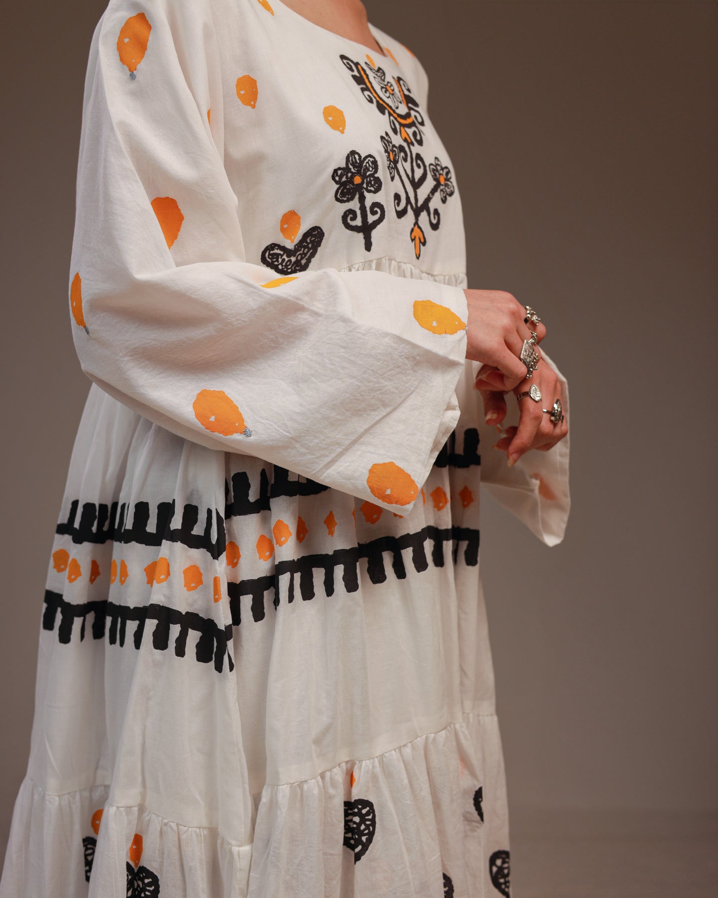 Rangdasti Layered Maxi Dress Frock - White - Mid-length - Hand-printed abstract design - Studio shot - 6