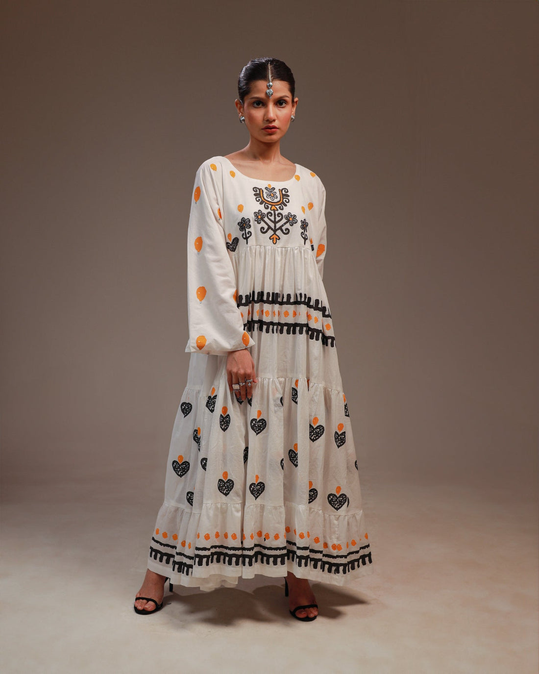 Rangdasti Layered Maxi Dress Frock - White - Mid-length - Hand-printed abstract design - Studio shot - 2