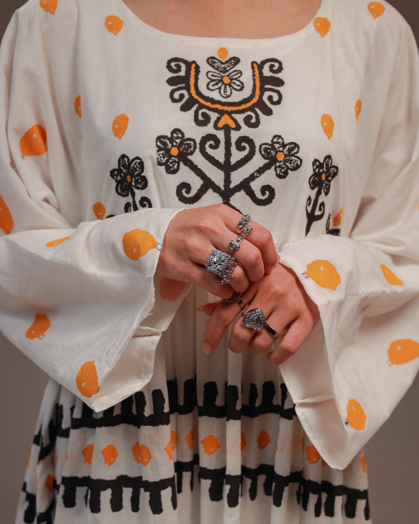 Rangdasti Layered Maxi Dress Frock - White - Mid-length - Hand-printed abstract design - Studio shot - 4