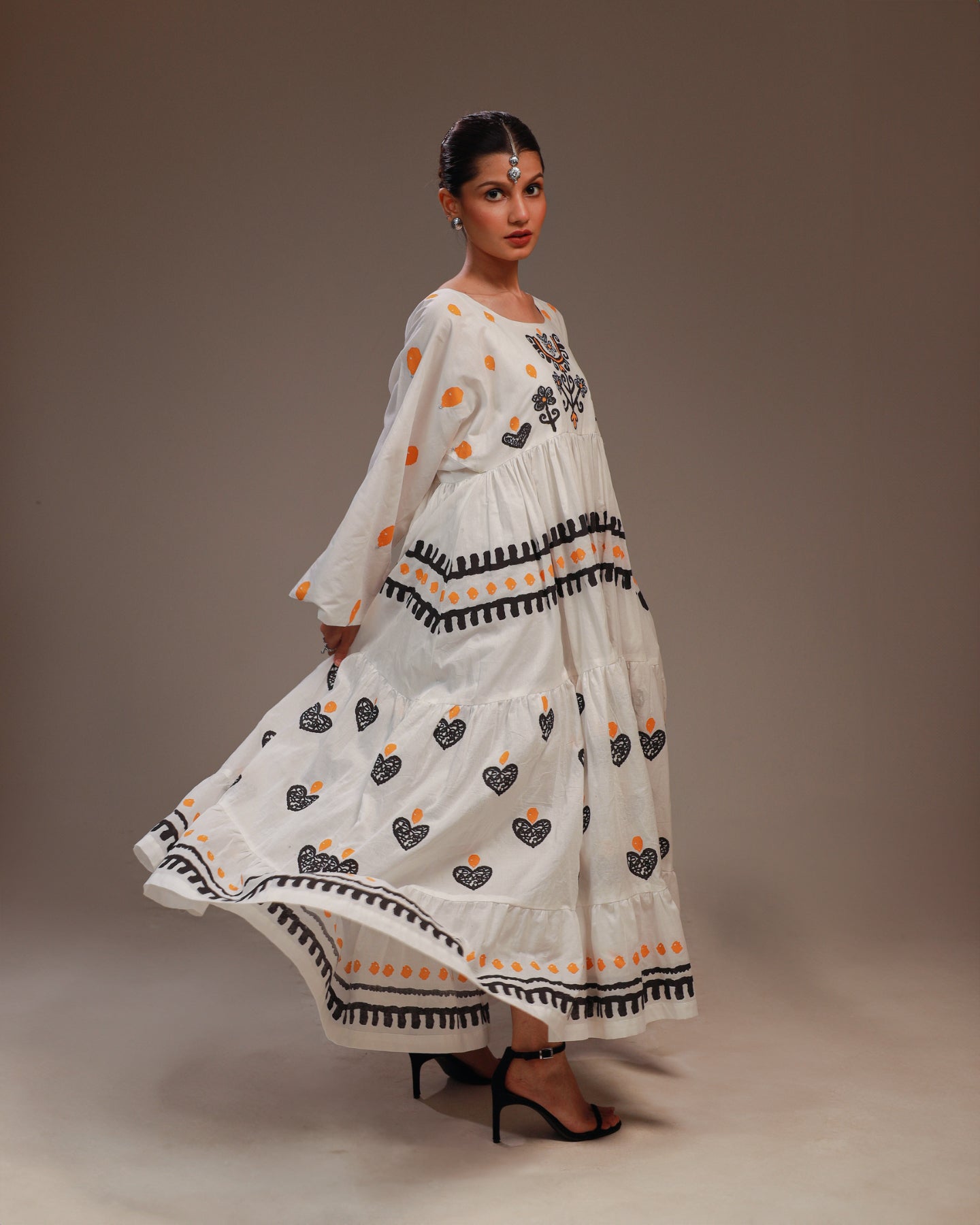 Rangdasti Layered Maxi Dress Frock - White - Mid-length - Hand-printed abstract design - Studio shot - 10