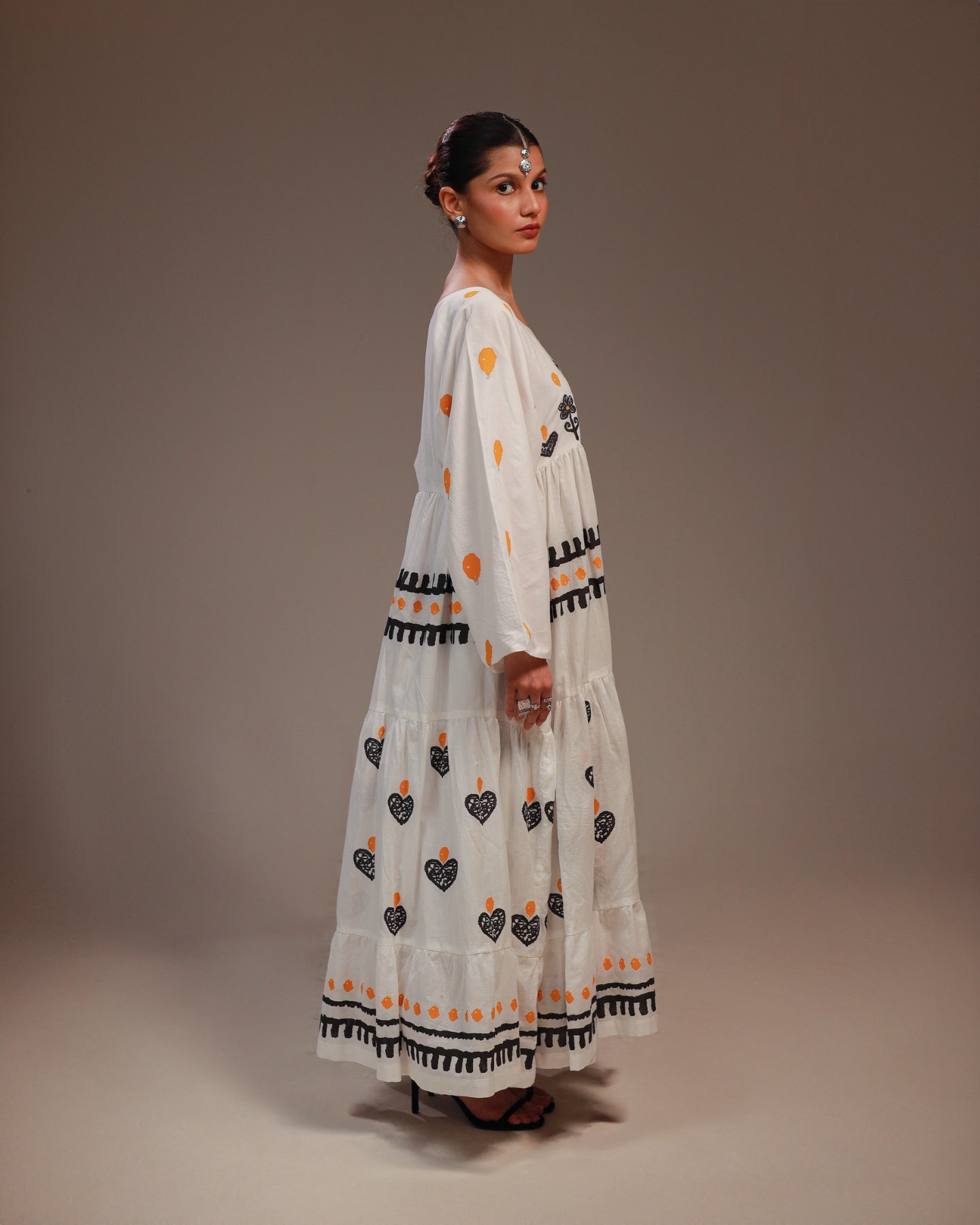 Rangdasti Layered Maxi Dress Frock - White - Mid-length - Hand-printed abstract design - Studio shot - 8