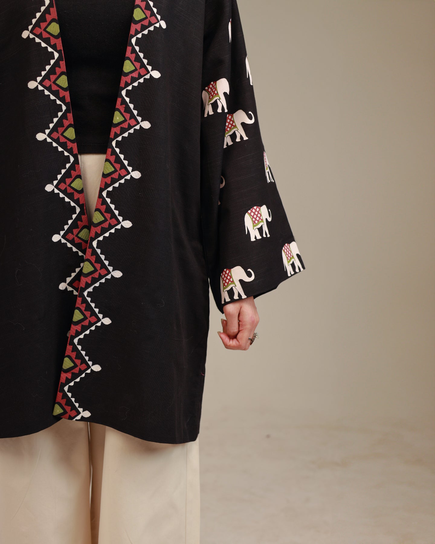 Rangdasti short length kimono jacket - black color - Hand-printed design - Studio shot - 13