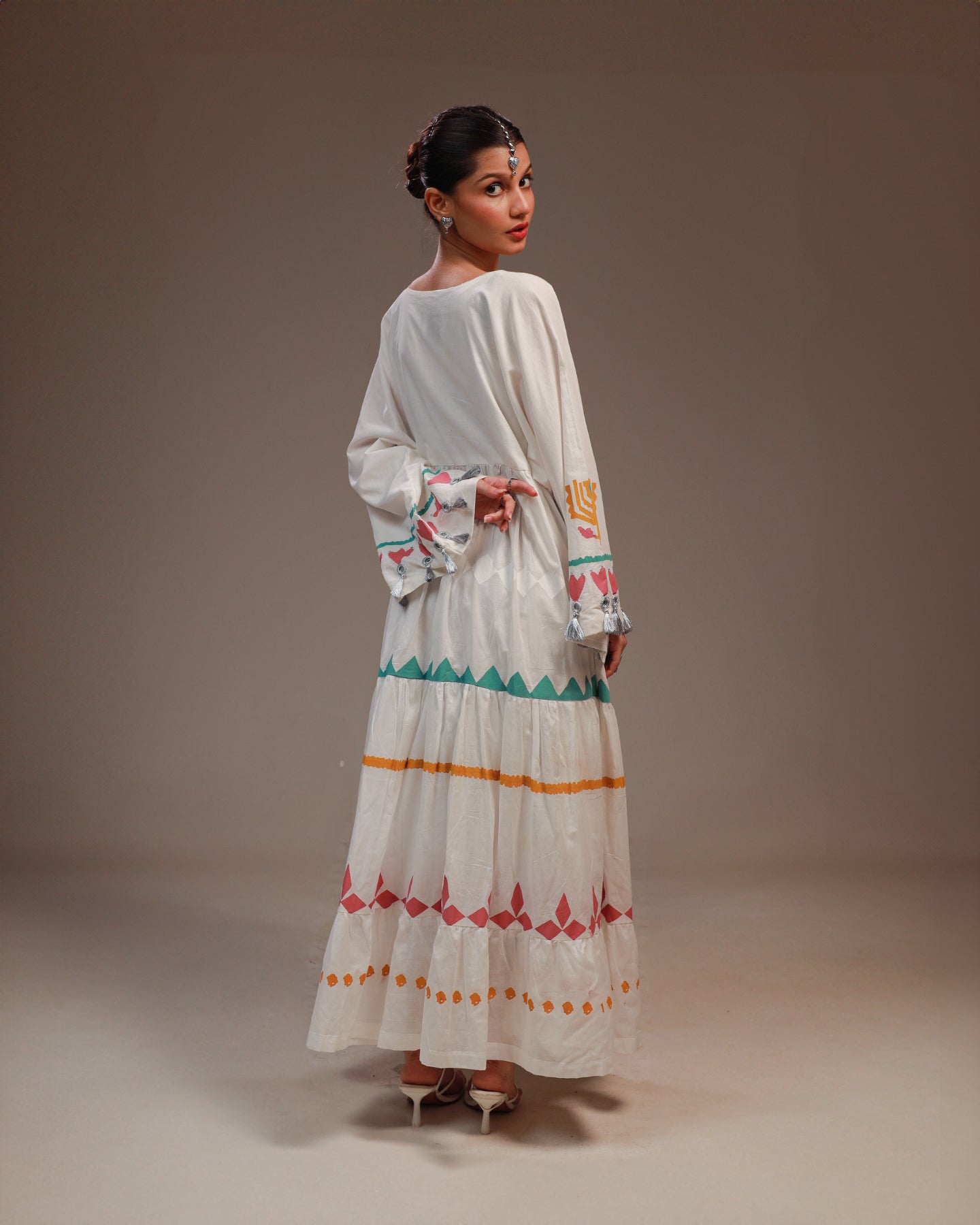 Rangdasti Layered Maxi Dress Frock - White - Long-length - Hand-printed pastel design - Studio shot - 12