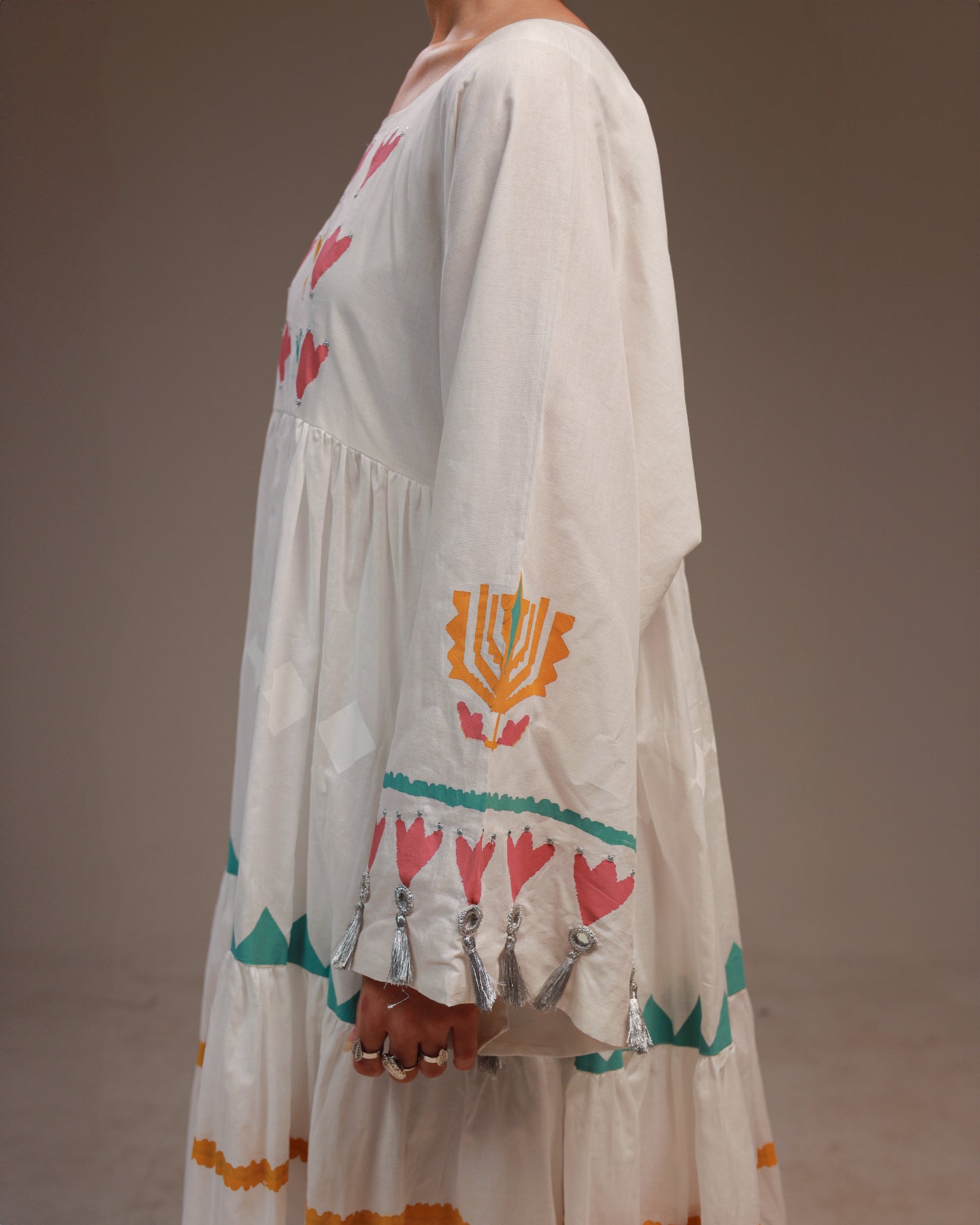Rangdasti Layered Maxi Dress Frock - White - Long-length - Hand-printed pastel design - Studio shot - 10
