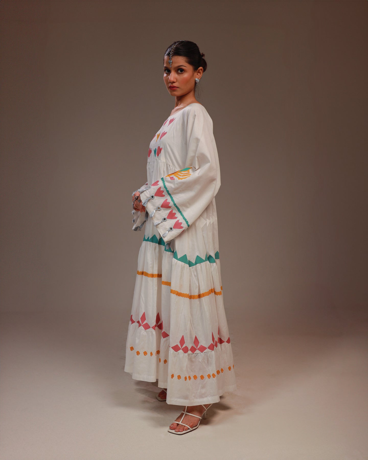 Rangdasti Layered Maxi Dress Frock - White - Long-length - Hand-printed pastel design - Studio shot - 8