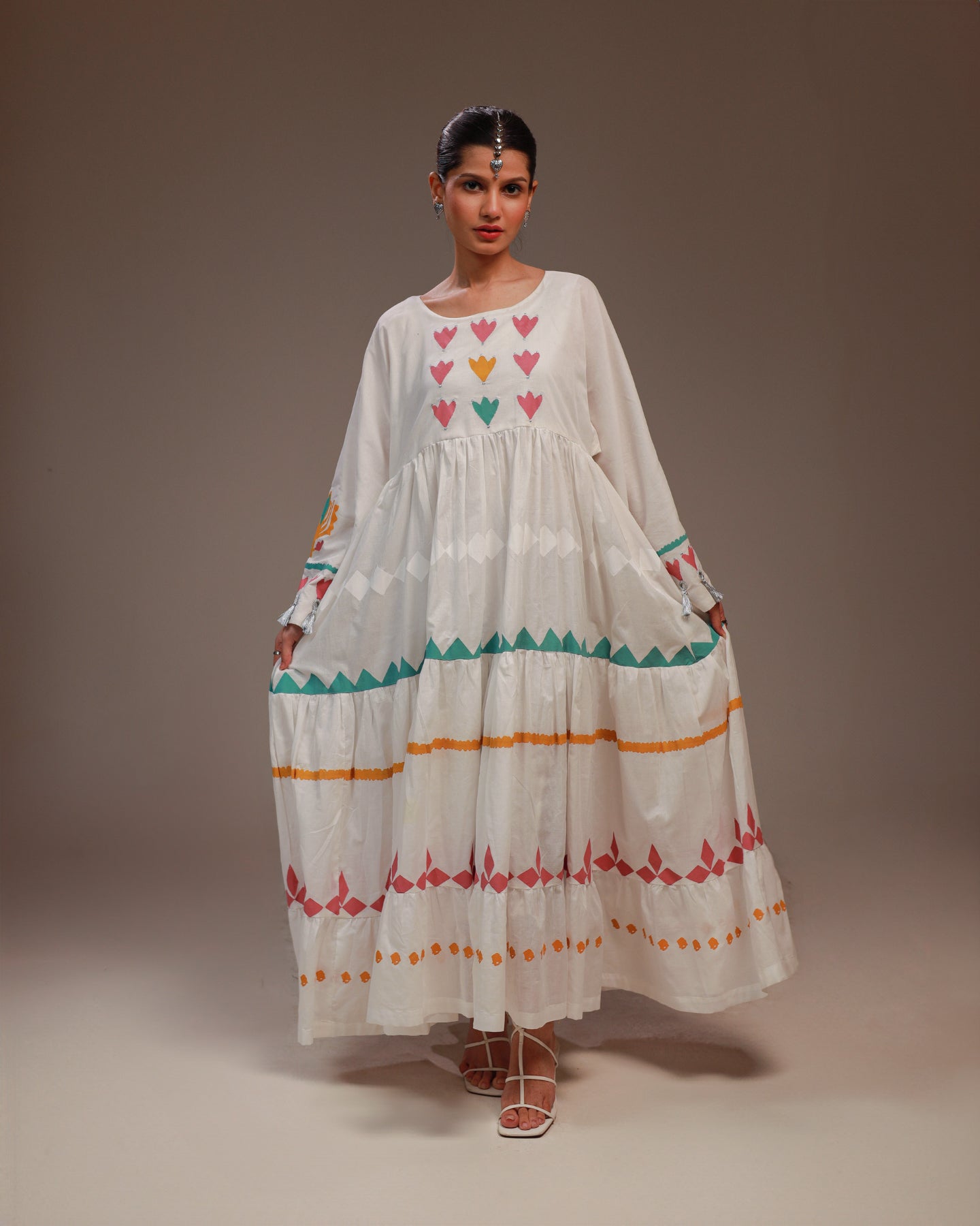 Rangdasti Layered Maxi Dress Frock - White - Long-length - Hand-printed pastel design - Studio shot - 2