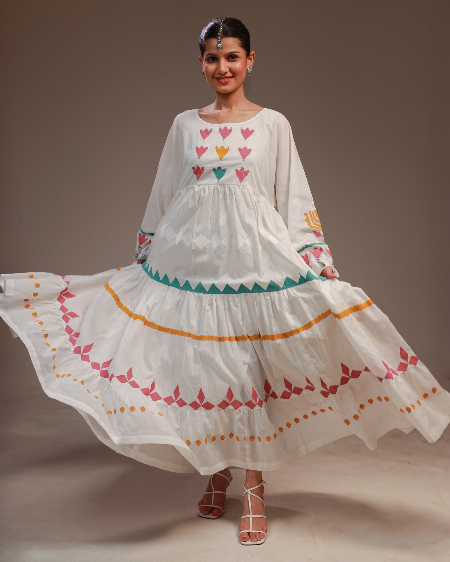 Rangdasti Layered Maxi Dress Frock - White - Long-length - Hand-printed pastel design - Studio shot - 17
