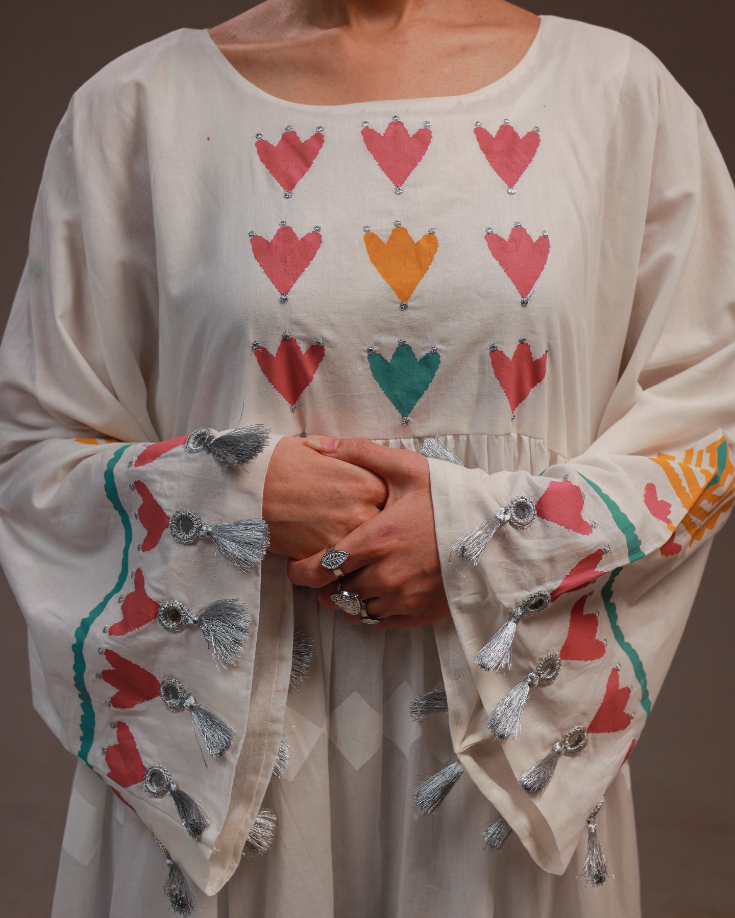 Rangdasti Layered Maxi Dress Frock - White - Long-length - Hand-printed pastel design - Studio shot - 4