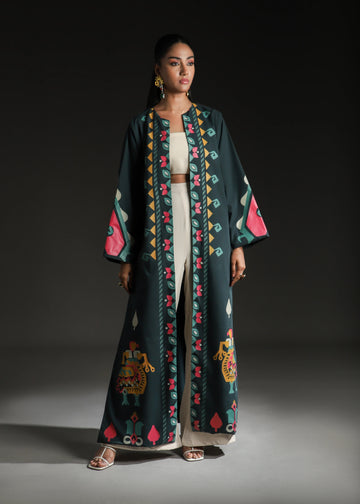 Rangdasti kimono jacket - Green - Long-length - Hand-printed abstract design - Studio shot - 1