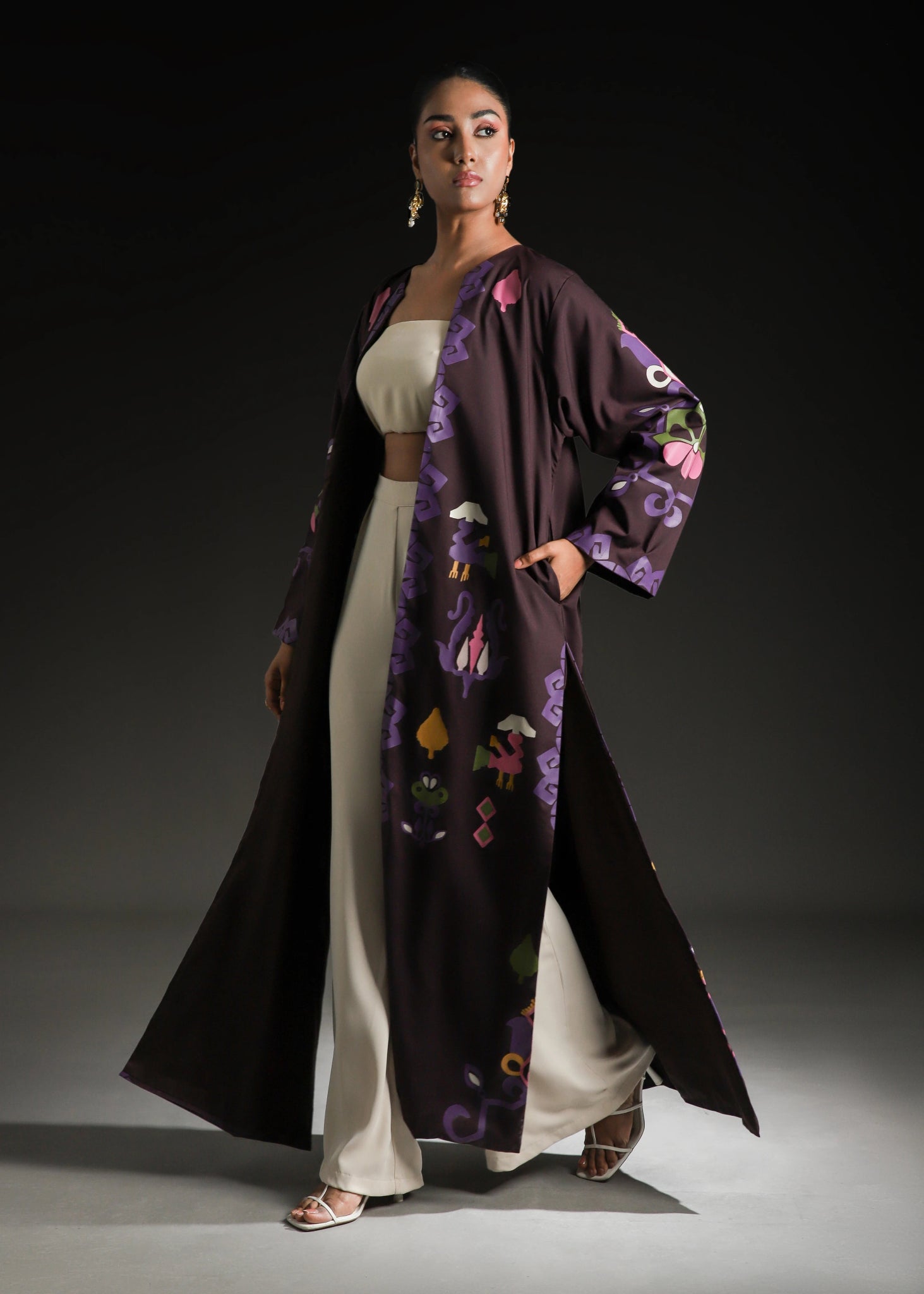 Rangdasti kimono jacket - Purple- Long-length - Hand-printed design - Studio shot - 3