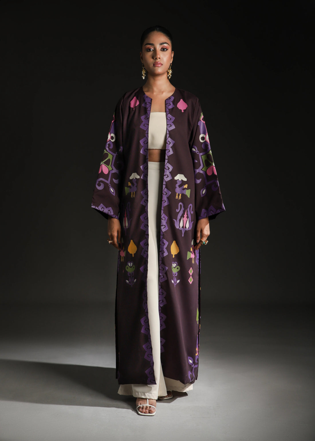 Rangdasti kimono jacket - Purple- Long-length - Hand-printed design - Studio shot - 2