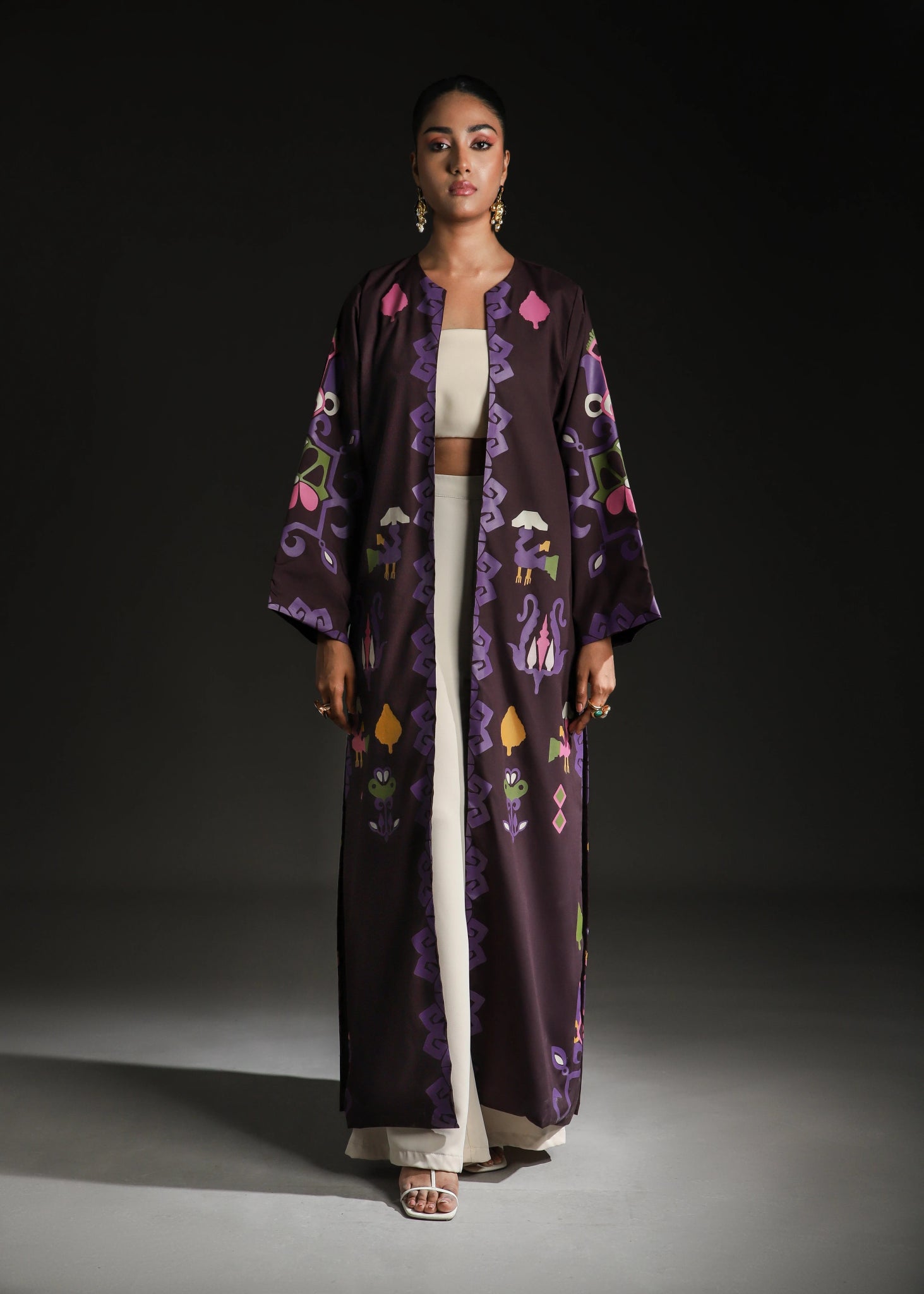 Rangdasti kimono jacket - Purple- Long-length - Hand-printed design - Studio shot - 2