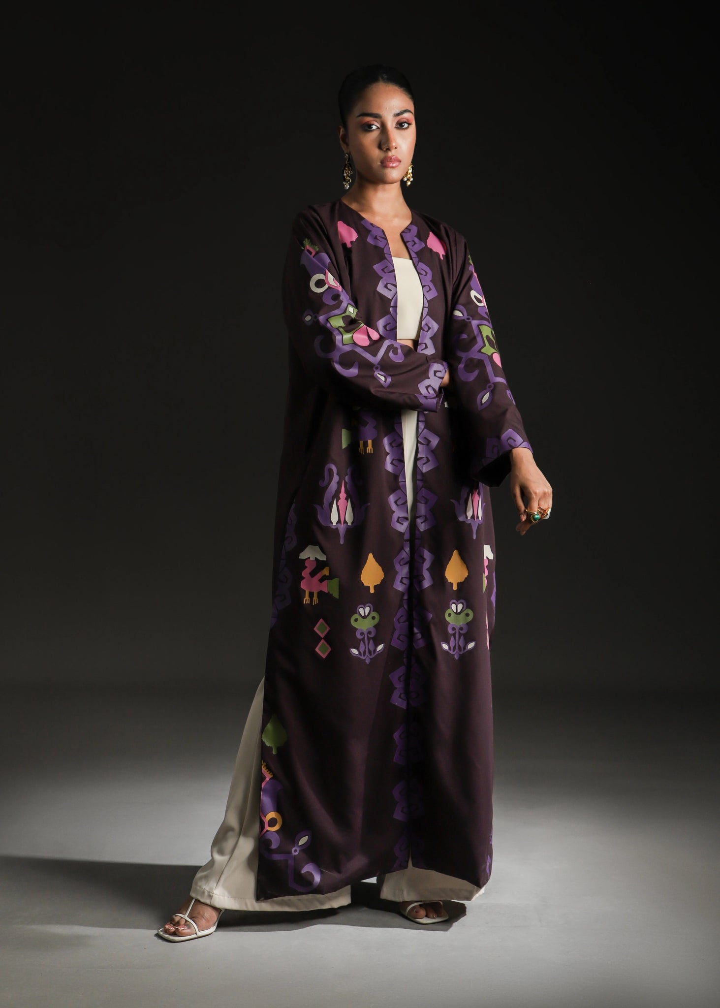 Rangdasti kimono jacket - Purple- Long-length - Hand-printed design - Studio shot - 1