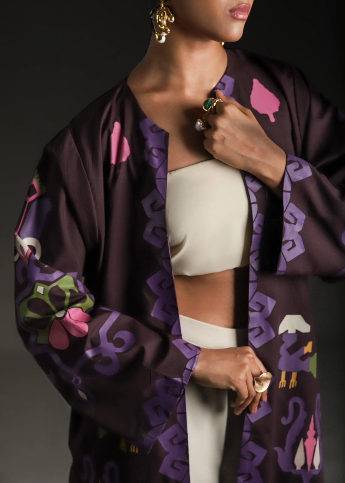 Rangdasti kimono jacket - Purple- Long-length - Hand-printed design - Studio shot - 9