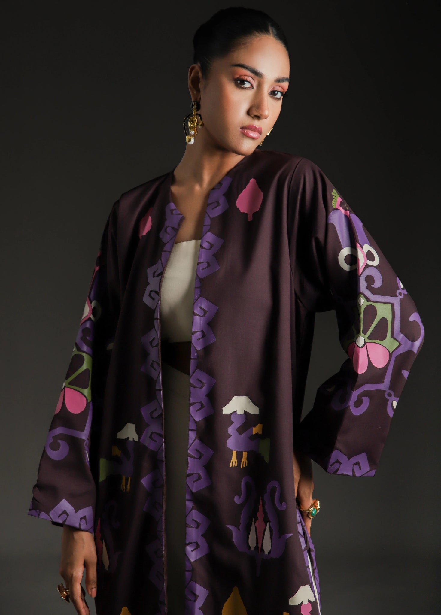 Rangdasti kimono jacket - Purple- Long-length - Hand-printed design - Studio shot - 8