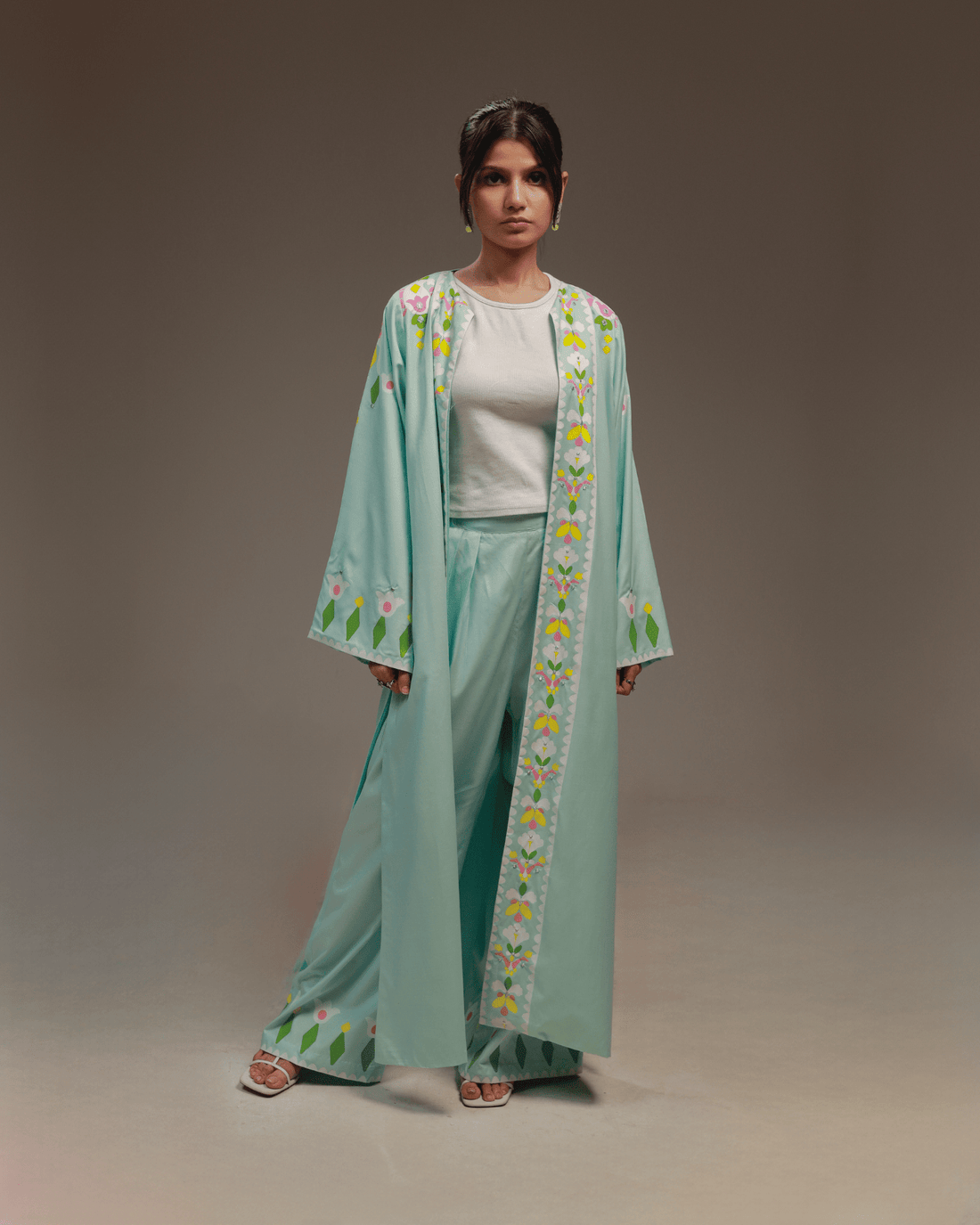 Rangdasti kimono jacket and pants - Tiffany Color - Long -length - Hand-printed abstract design - Studio shot - 1