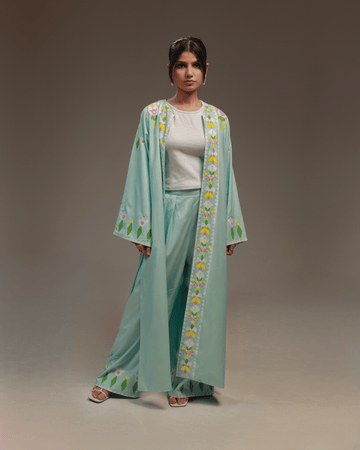 Rangdasti kimono jacket and pants - Tiffany Color - Long -length - Hand-printed abstract design - Studio shot - 1