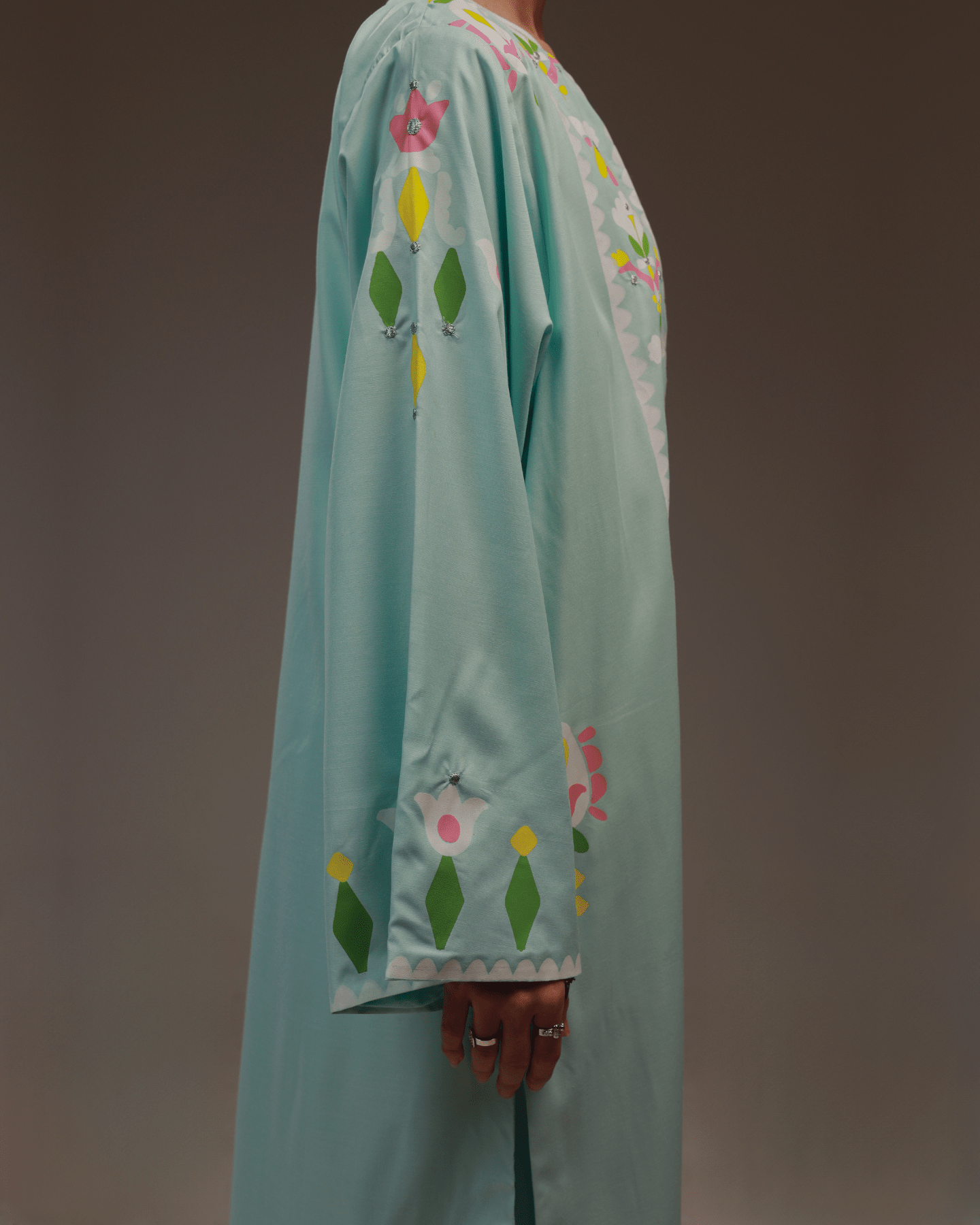 Rangdasti kimono jacket and pants - Tiffany Color - Long -length - Hand-printed abstract design - Studio shot - 12