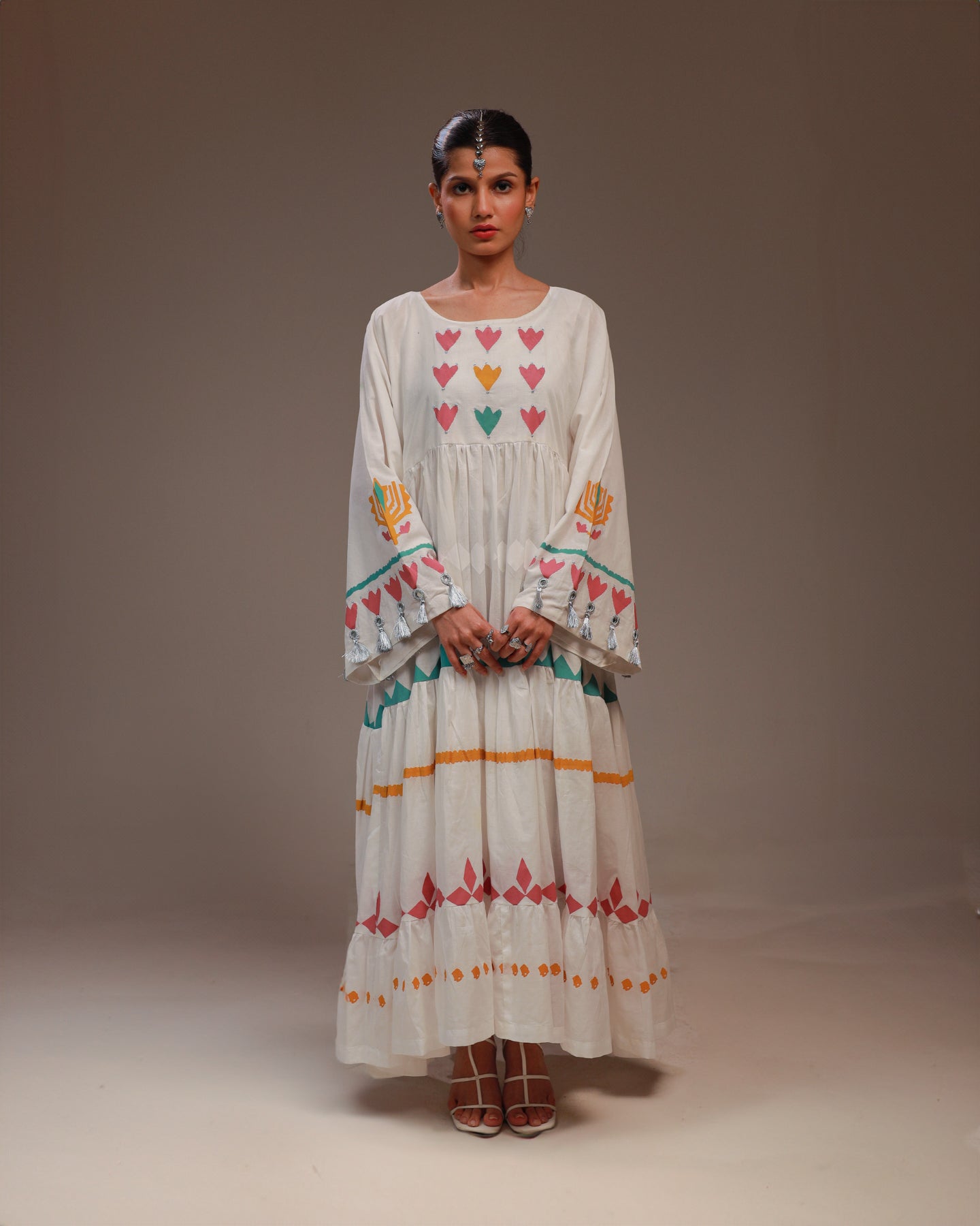 Rangdasti Layered Maxi Dress Frock - White - Long-length - Hand-printed pastel design - Studio shot - 14