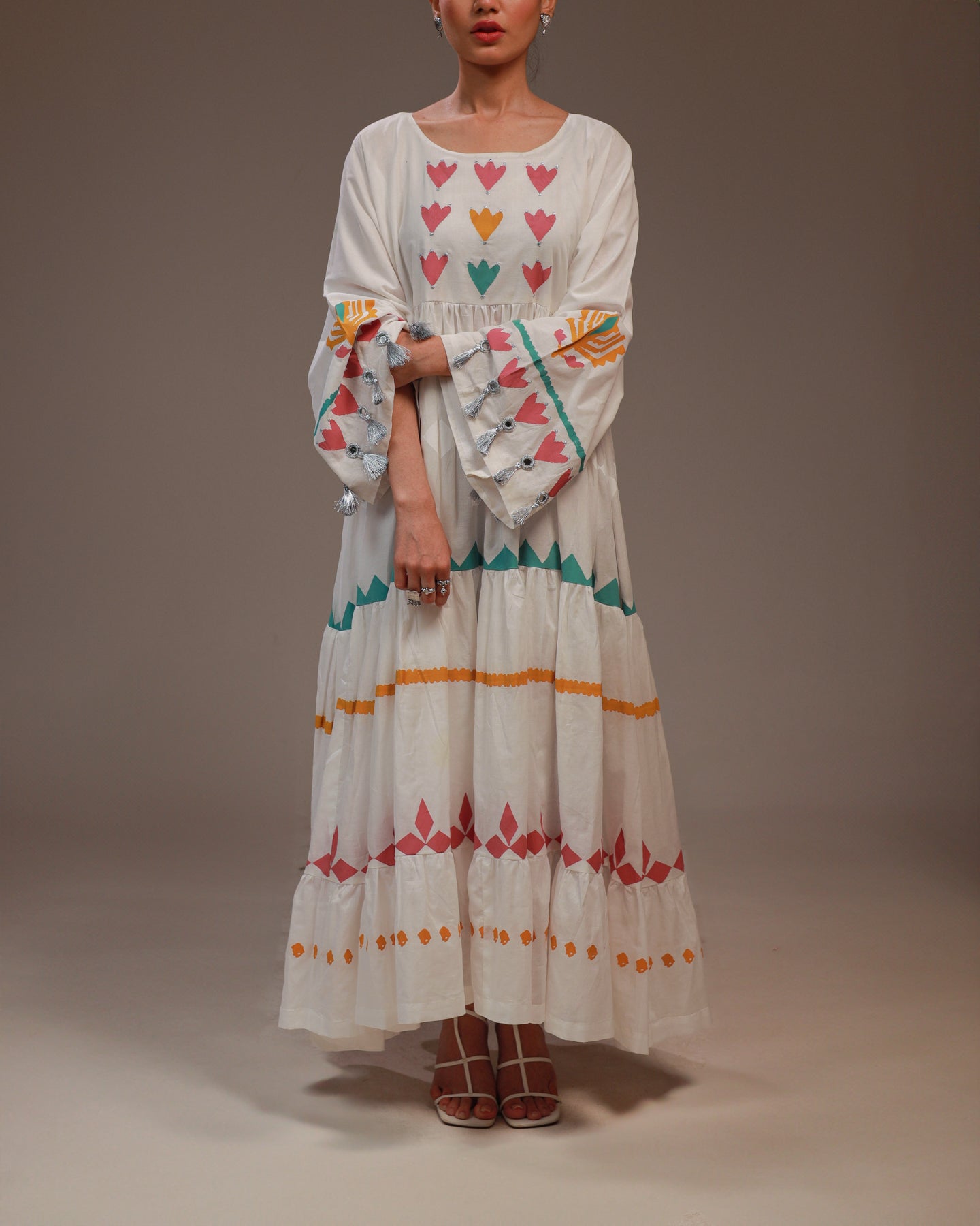 Rangdasti Layered Maxi Dress Frock - White - Long-length - Hand-printed pastel design - Studio shot - 6