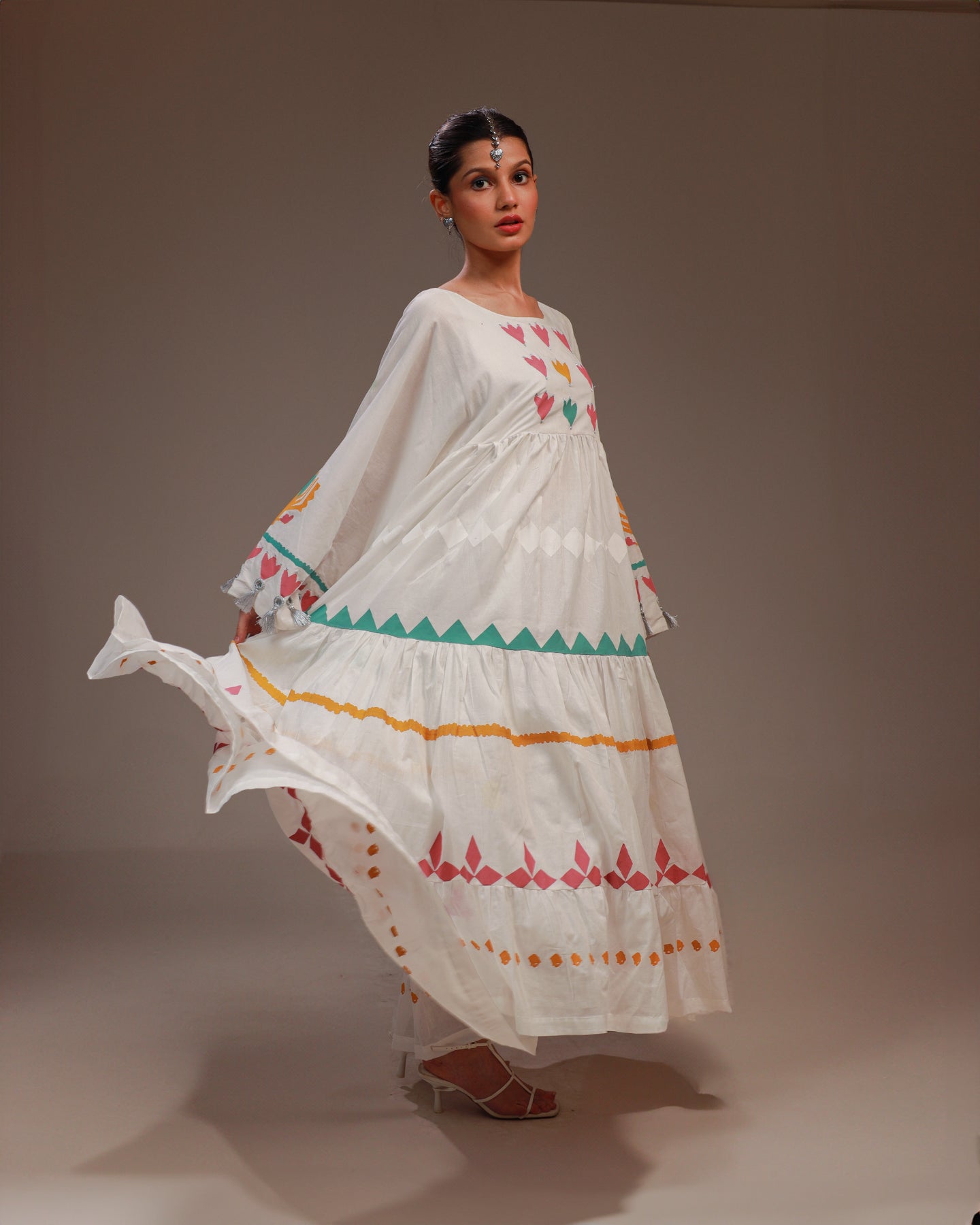 Rangdasti Layered Maxi Dress Frock - White - Long-length - Hand-printed pastel design - Studio shot - 16