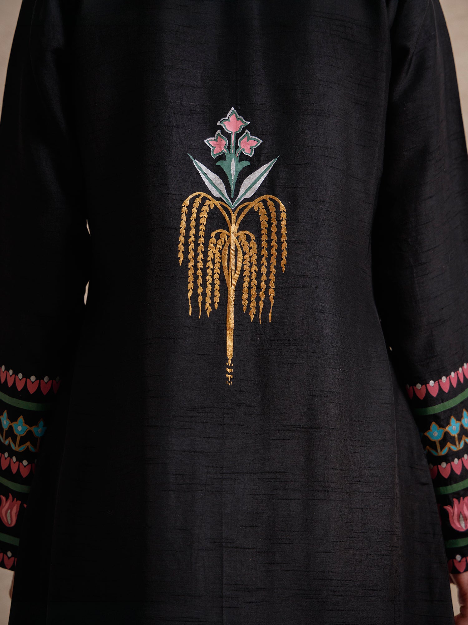 Back detail of Courtyard Dance black long jacket featuring a hand-printed floral motif inspired by traditional court gardens