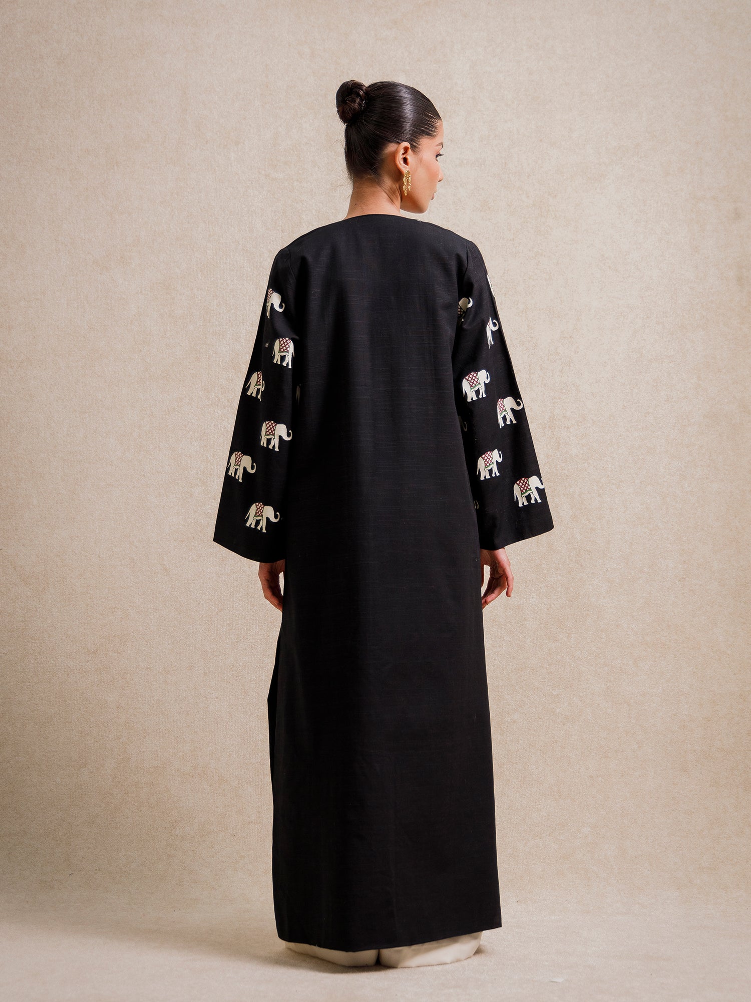 Indian Black Elephant long kimono with repeating elephant motifs on the back and sleeves
