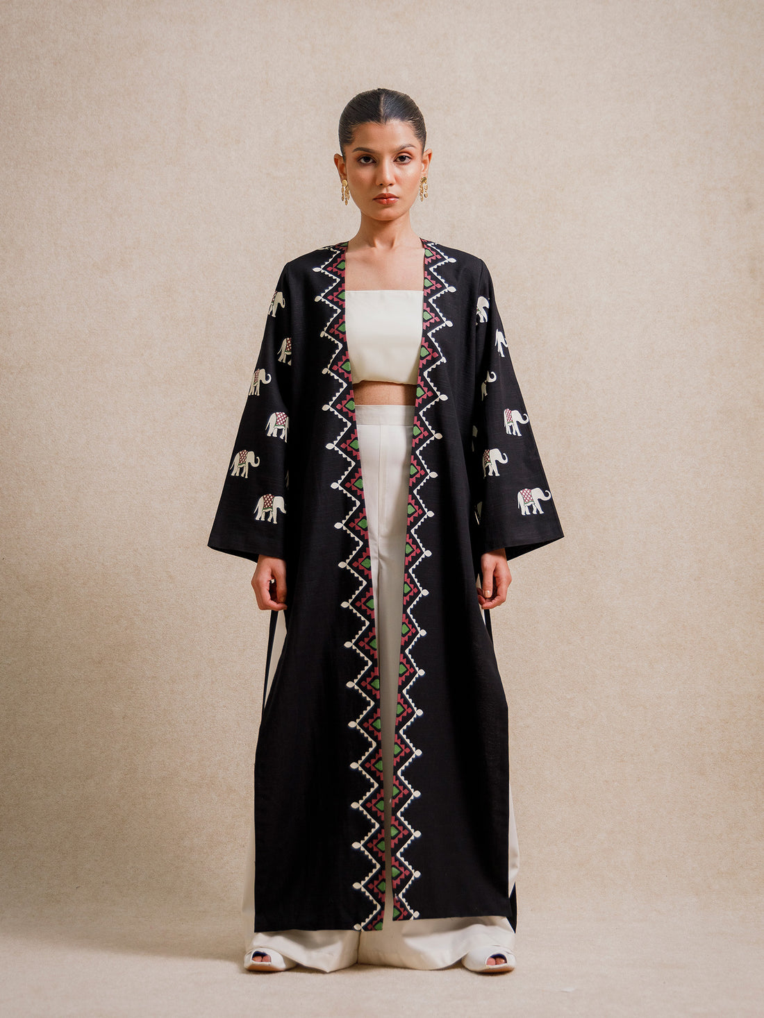 Indian Black Elephant long kimono with hand screen-printed elephant motifs on black fabric