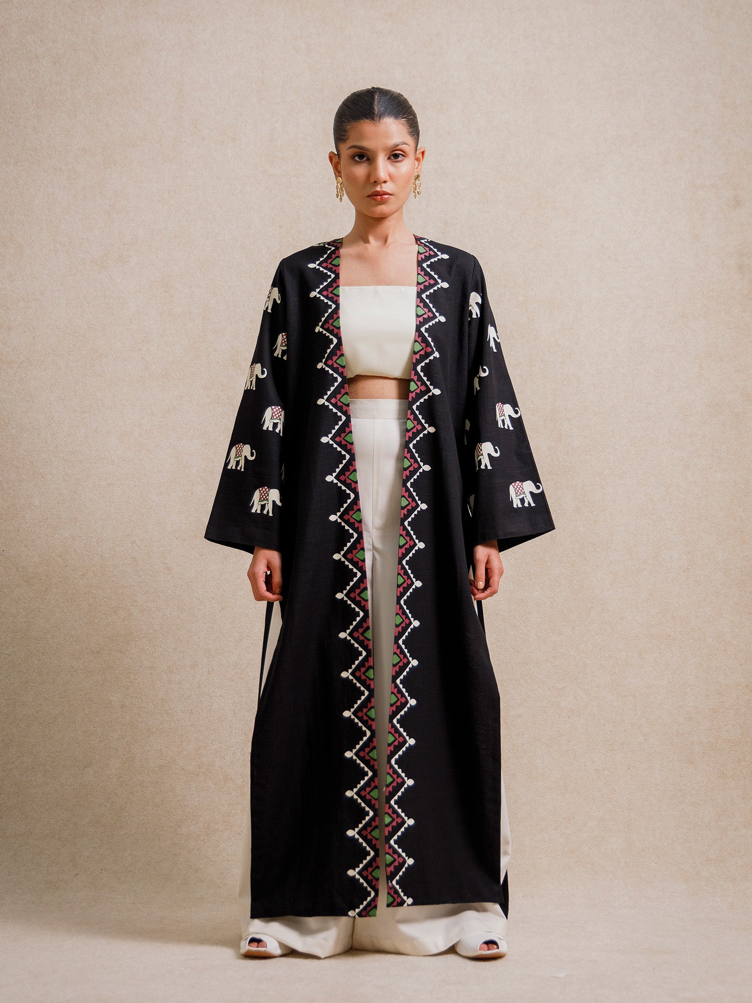 Indian Black Elephant long kimono with hand screen-printed elephant motifs on black fabric