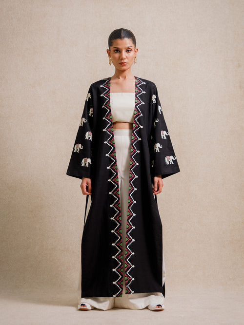 Indian Black Elephant long kimono with hand screen-printed elephant motifs on black fabric