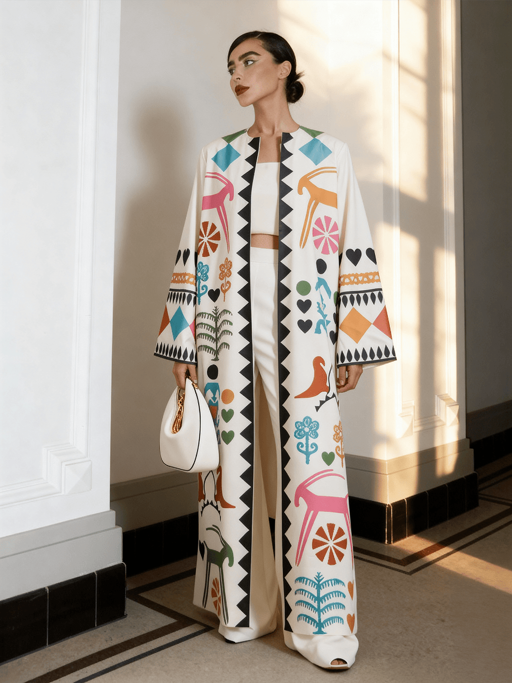 Meso Caramel long kimono styled in an interior setting, featuring hand-printed motifs and a flowing silhouette
