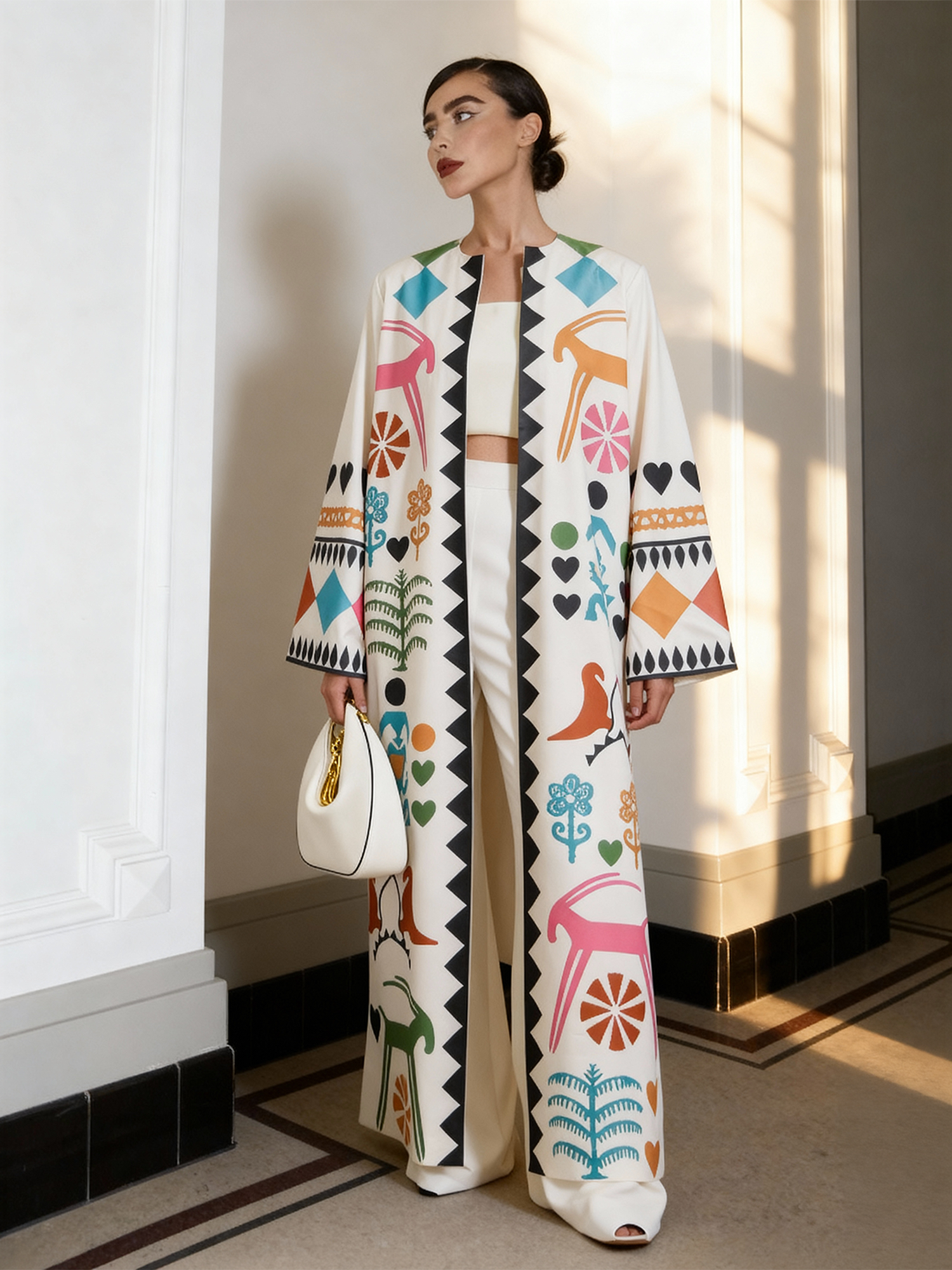 Meso Caramel long kimono styled in an interior setting, featuring hand-printed motifs and a flowing silhouette