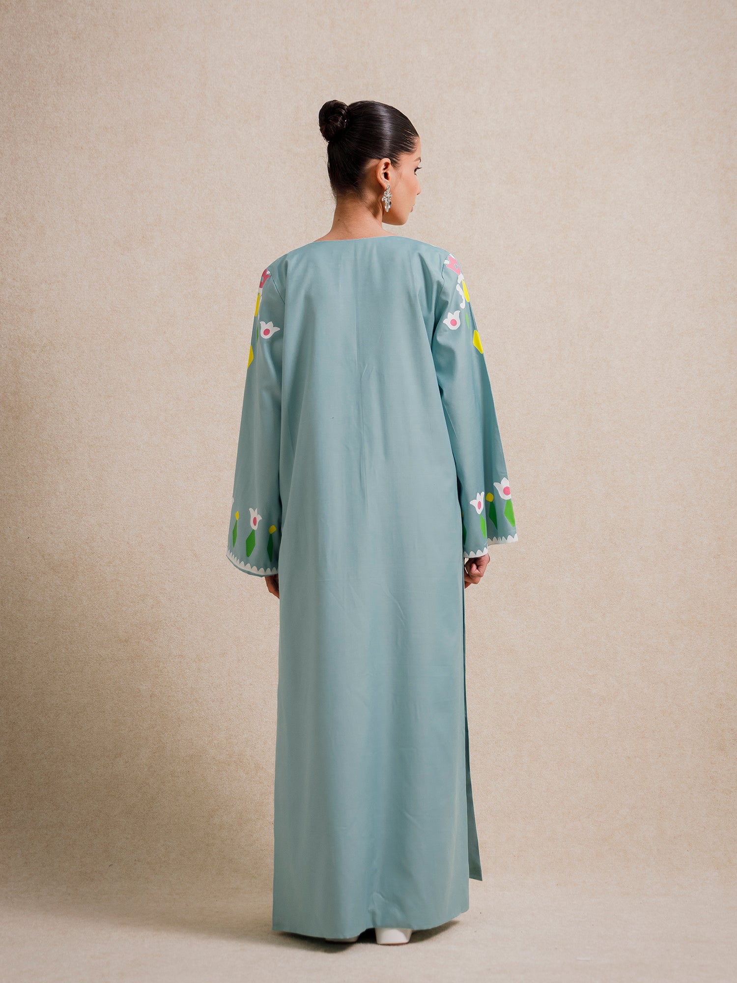 Back view of Tiffany Blue two piece set from the Rooted collection with floral screen-printed detailing