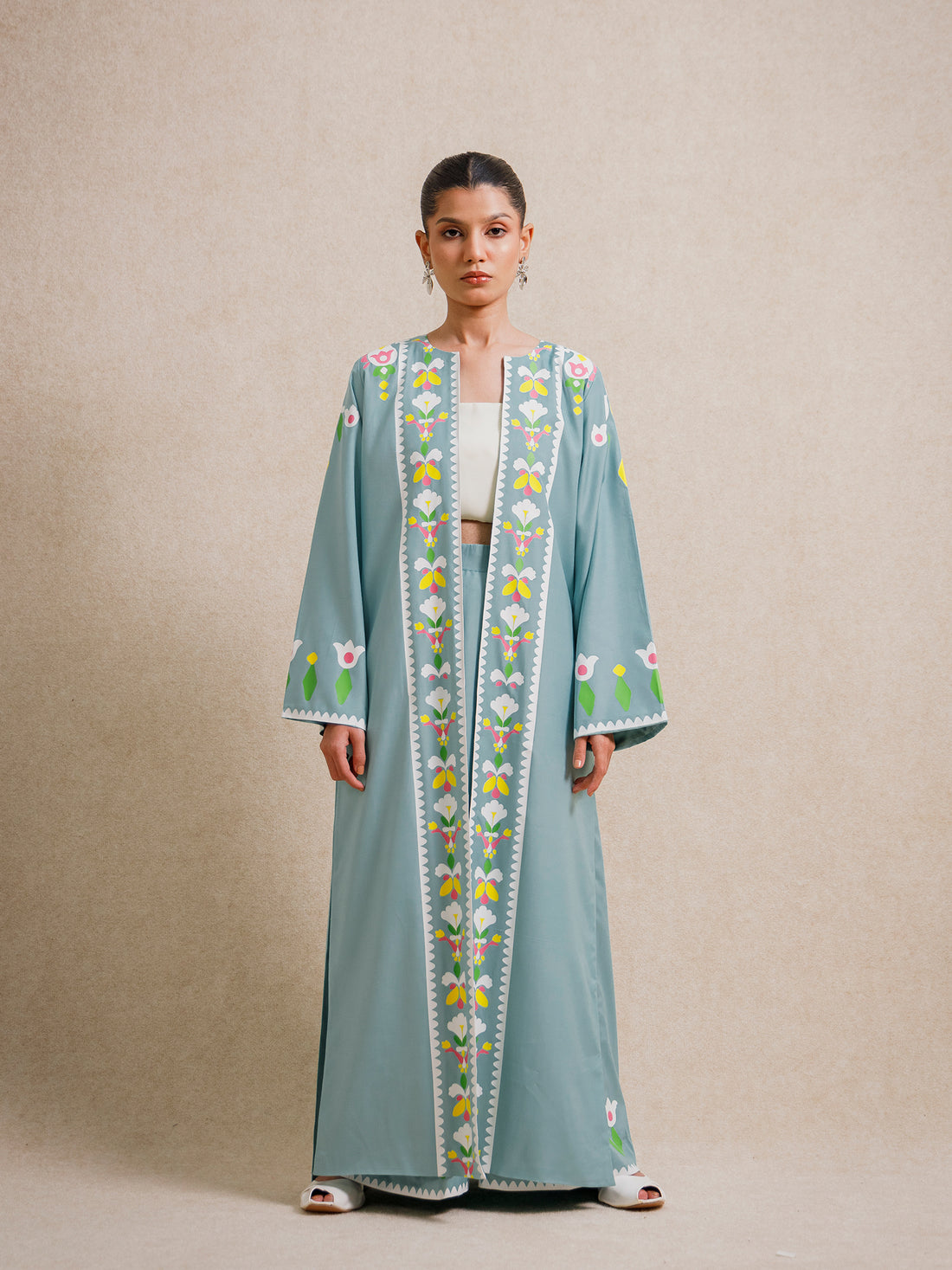 Front view of Tiffany Blue two piece set with floral screen-printed detailing