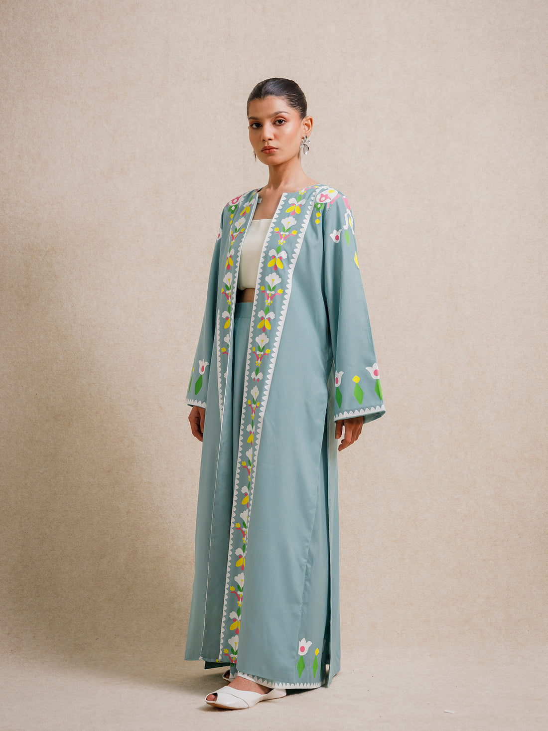 Front view of Tiffany Blue two piece set with floral screen-printed detailing