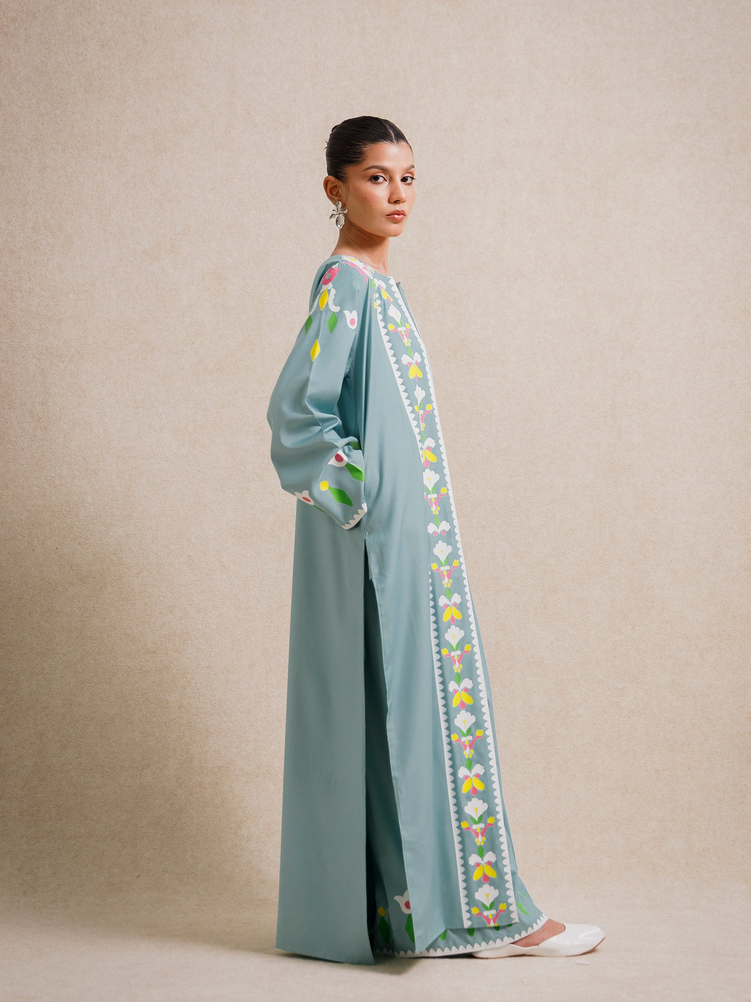 Side view of Tiffany Blue two piece set from the Rooted collection with floral screen-printed detailing