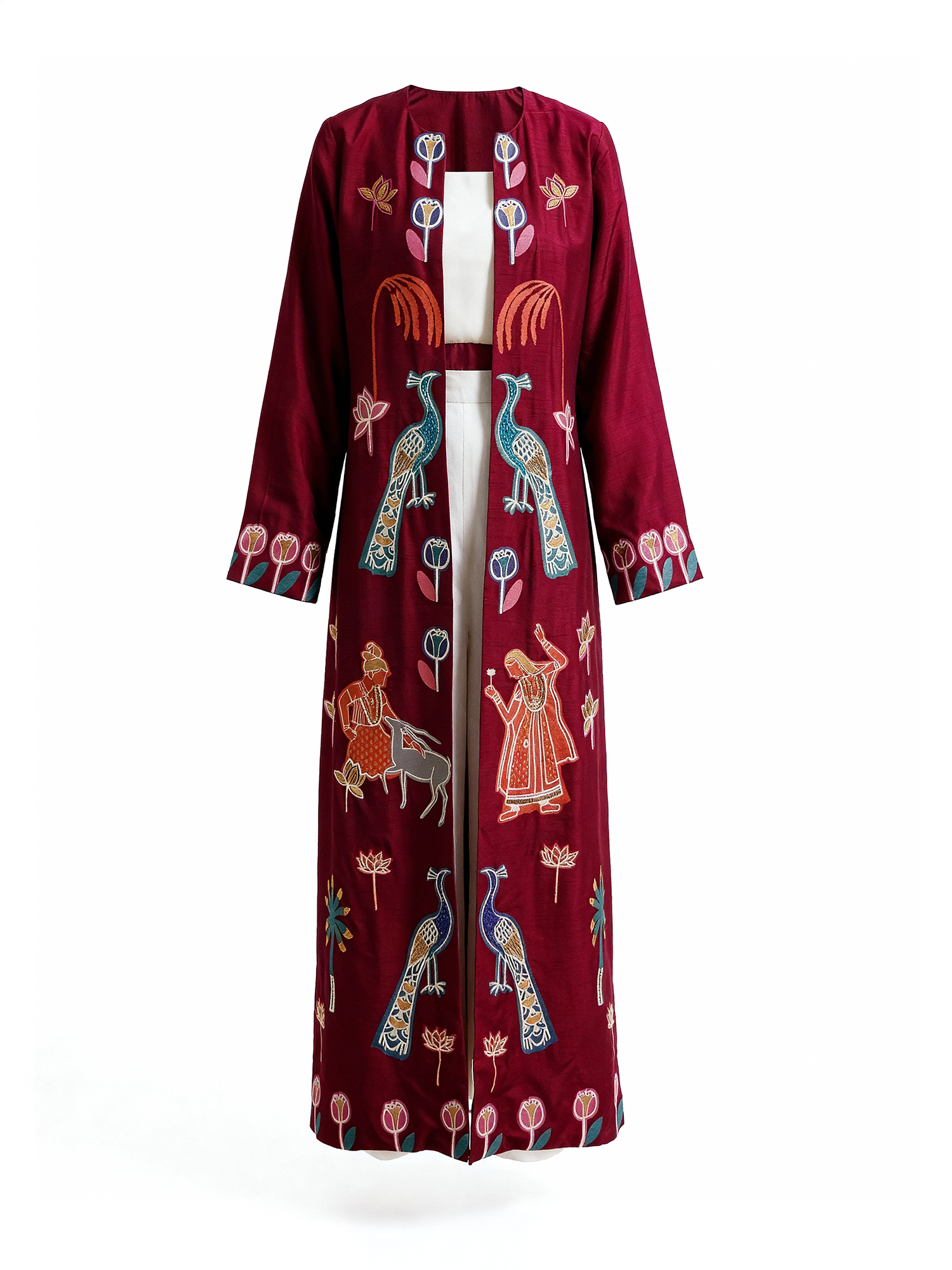 Full front view of the Forbidden Love Scarlet long jacket with hand embroidery on a white background