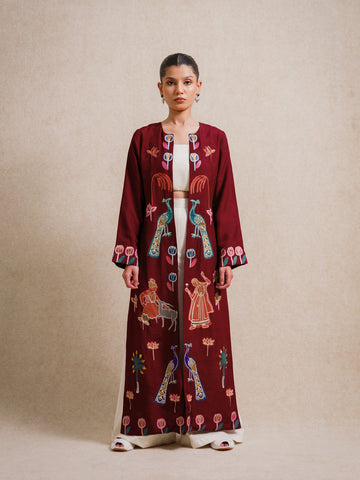 Forbidden Love Scarlet Long Jacket worn by model, hand embroidered detailing on burgundy fabric